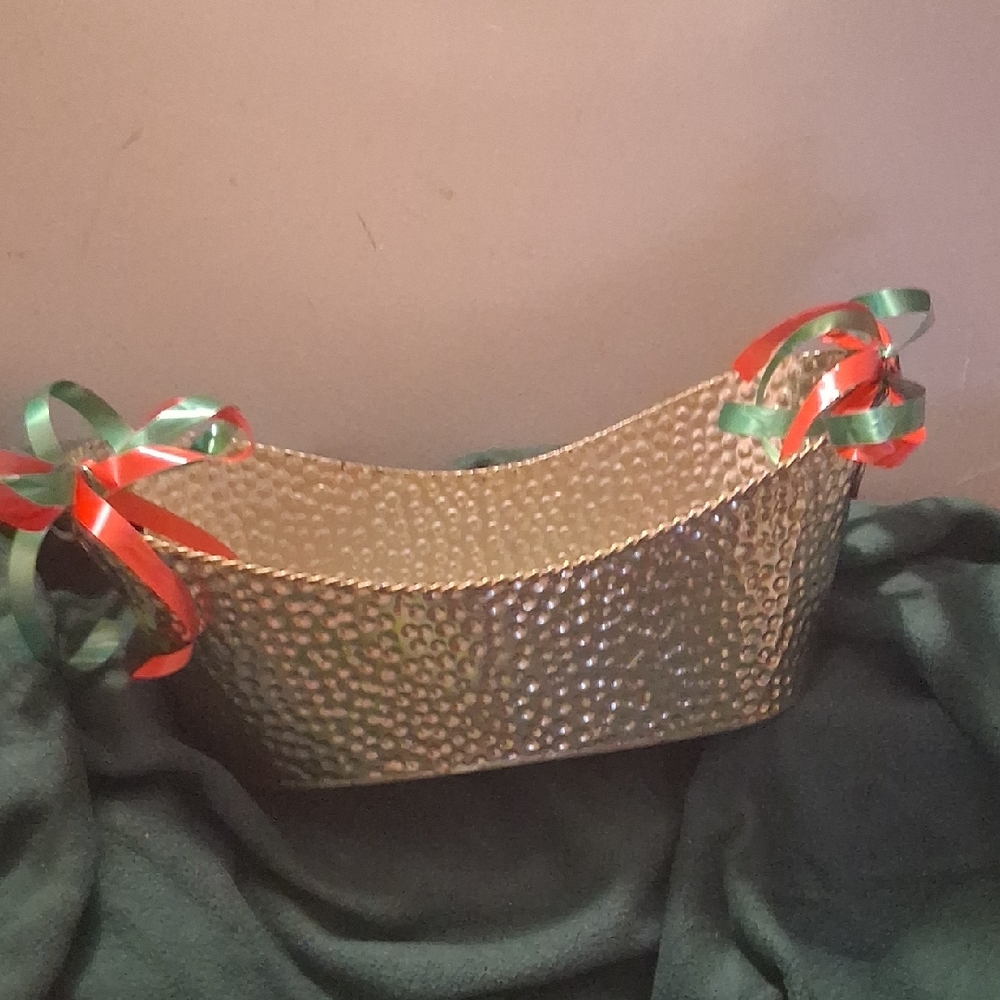 Elegant imitation Gold plated Holiday Basket with Red and Green Accents